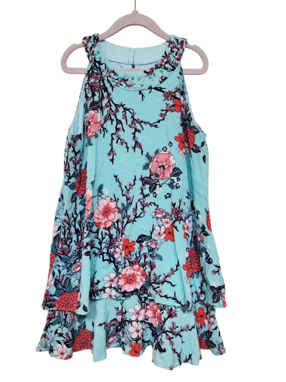 Amy Byer Girl's Aqua Cherry Blossom Beaded Neck Sleeveless Tiered Dress Size M